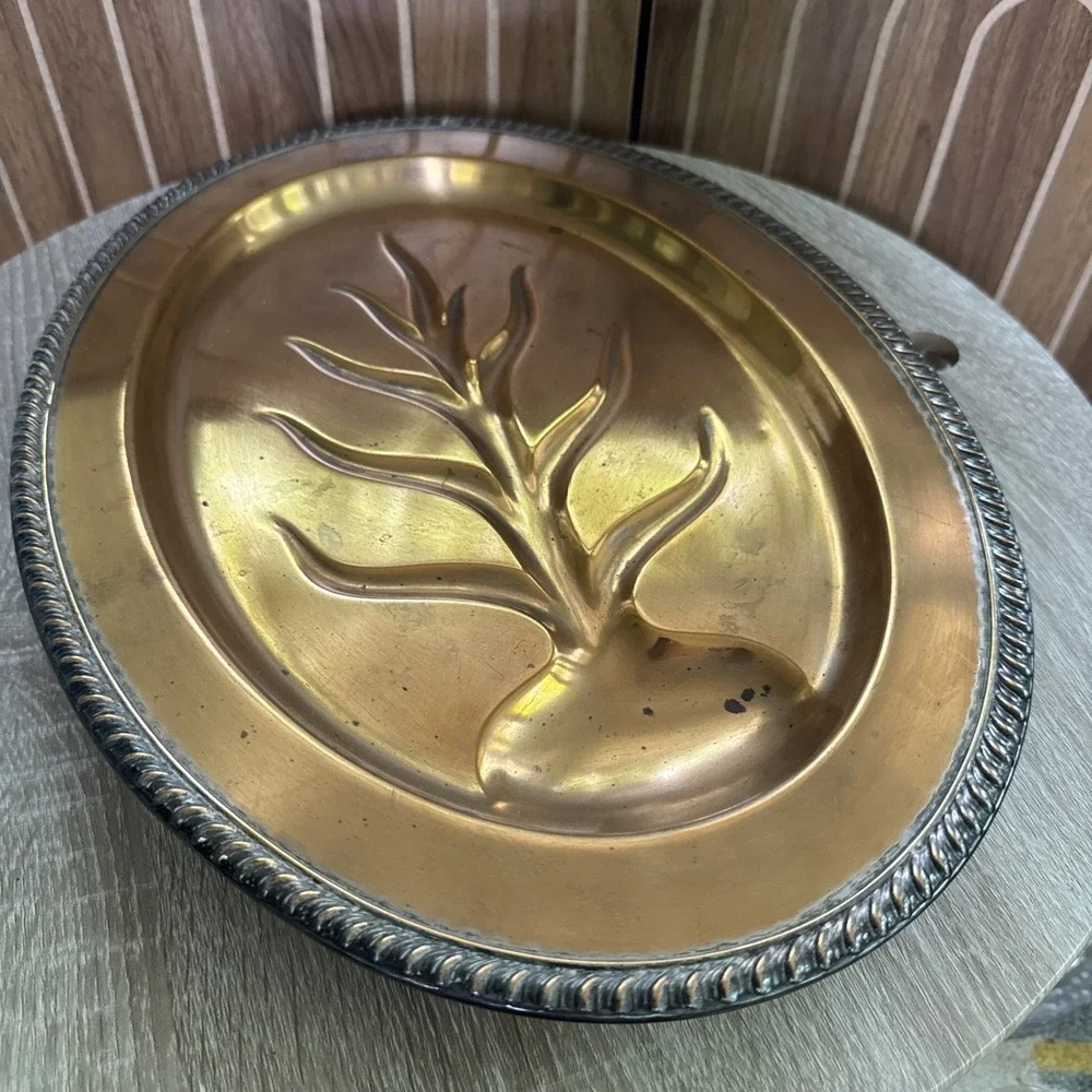 Vintage Tree of Life Metal Serving Tray Oval Footed Decorative Tray Copper
